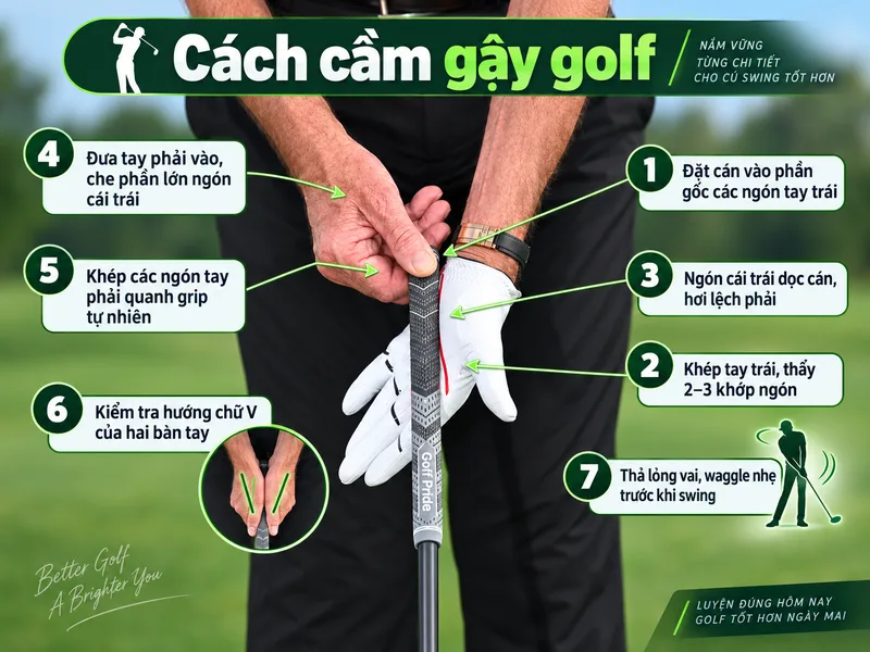 Tay phải ôm cán gậy tự nhiên và phối hợp với tay trái để tạo grip ổn định.